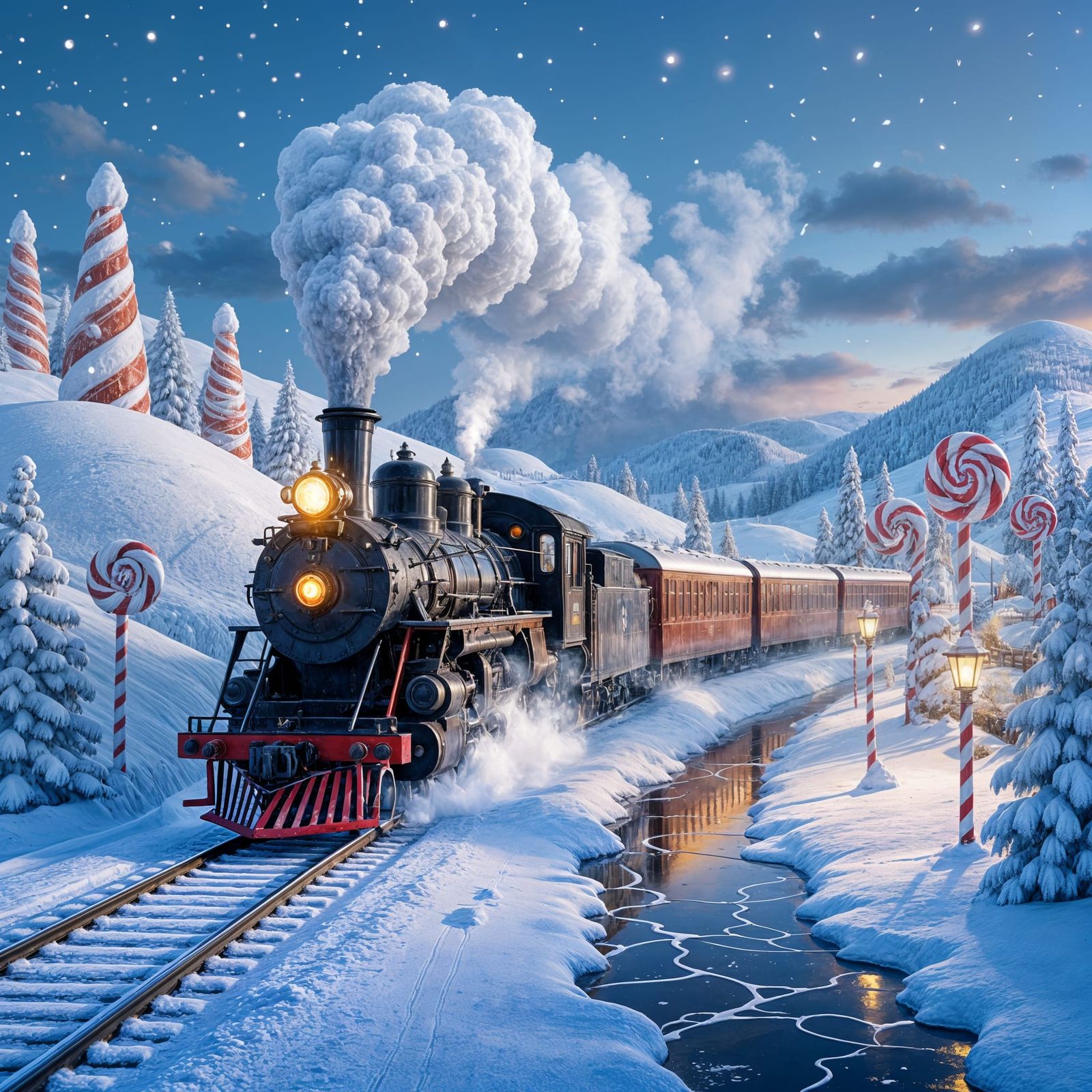 Steam Train in Whimsical Candyland Winter Wonderland