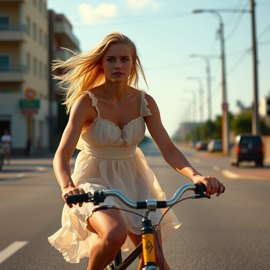 Androgynous Youth Exudes Confidence Riding Bike in Sunlit St...