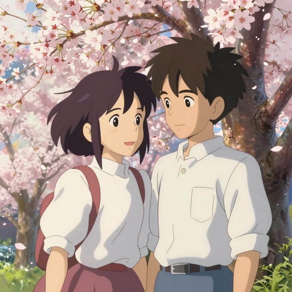 Young Couple Under Cherry Blossoms in Anime Style