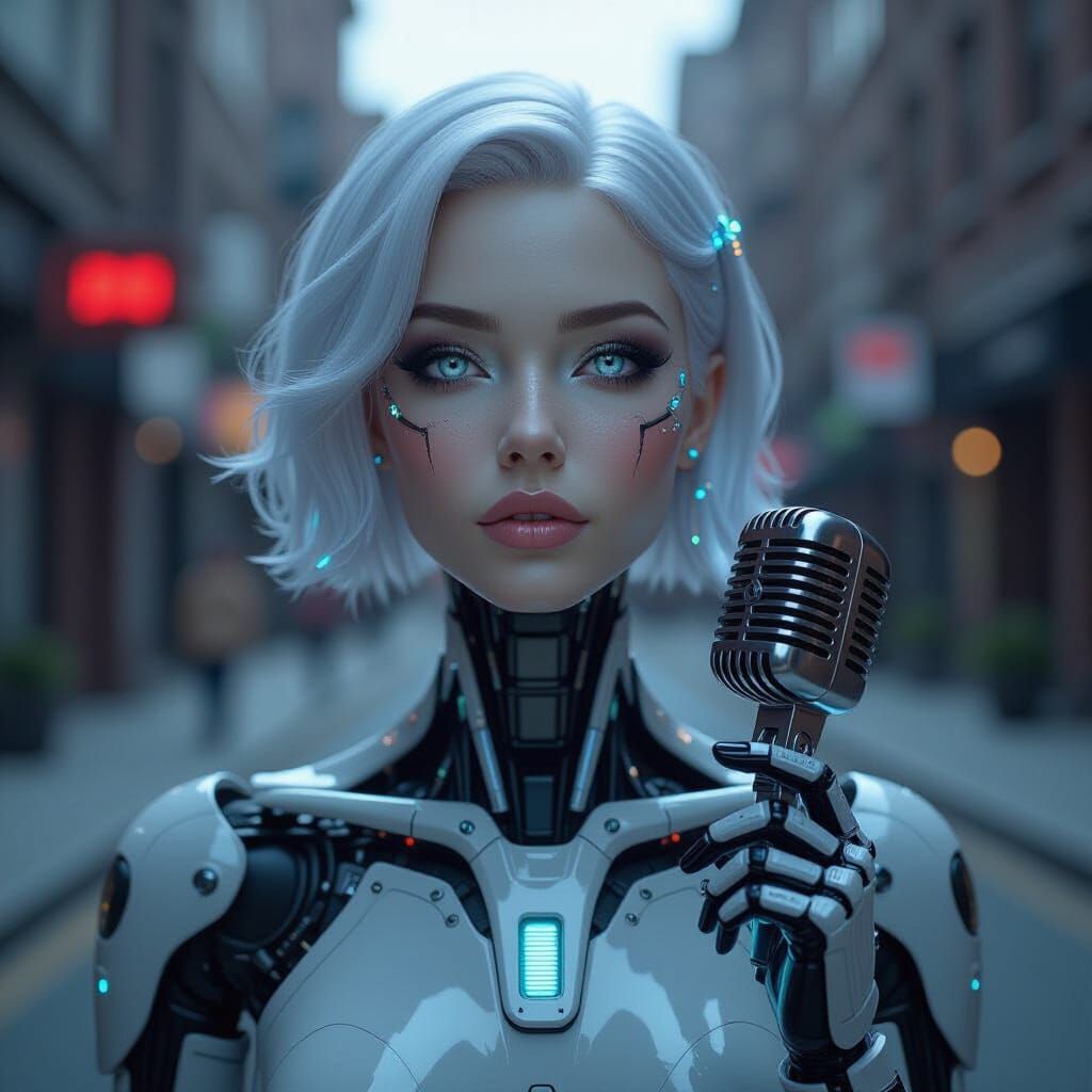 Haunting Android Singer in Neon Rain