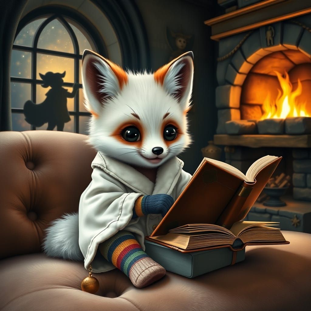Charming Fox Cub Reading by Firelight