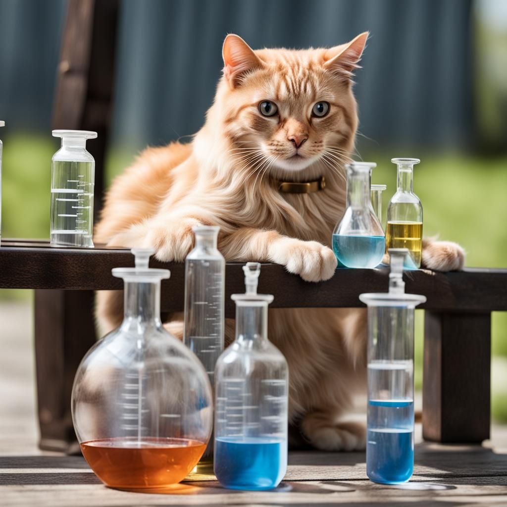 Cat and Lab Flasks on Bench