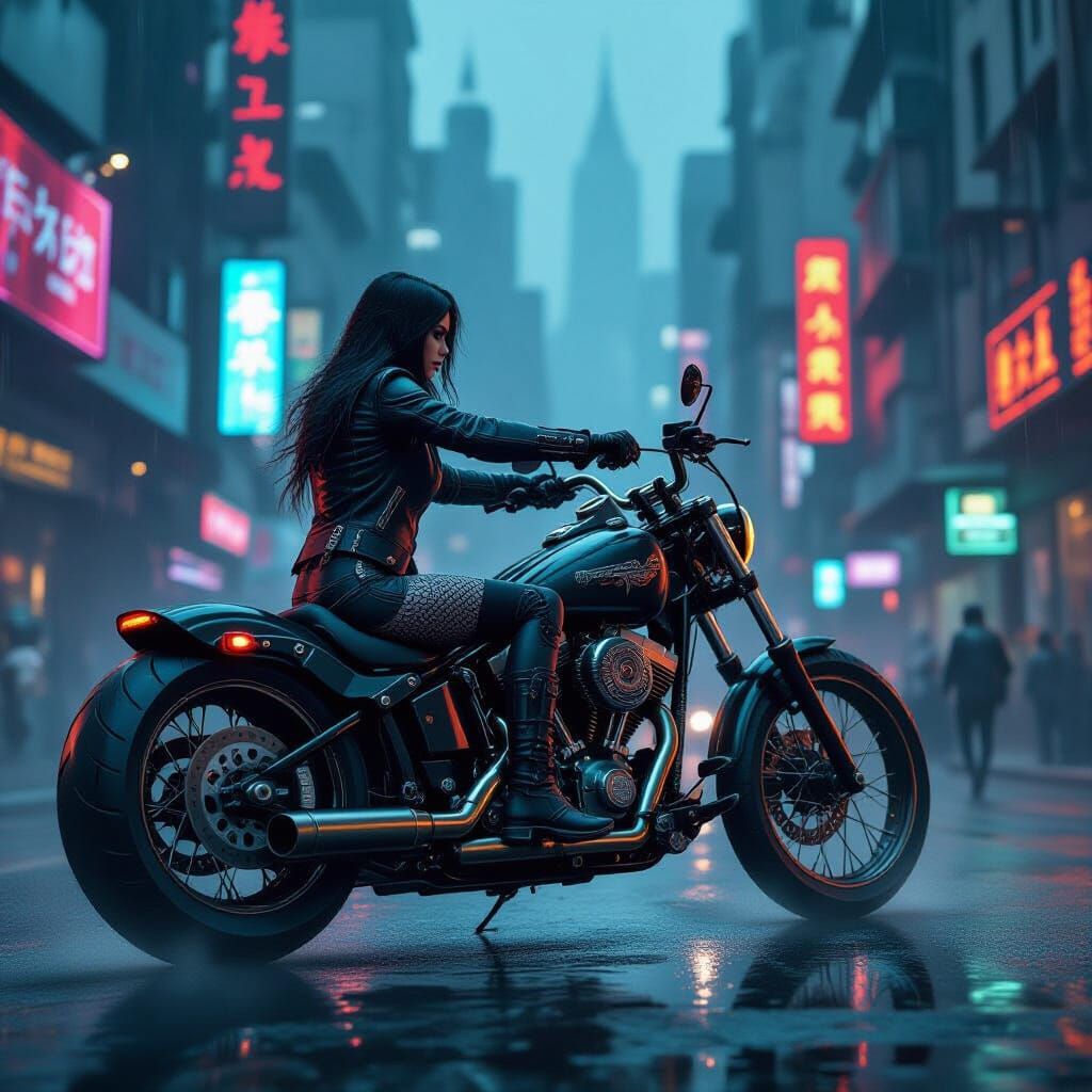 Gothic Biker Girl Rides Steampunk Motorcycle in Cyberpunk Ci...