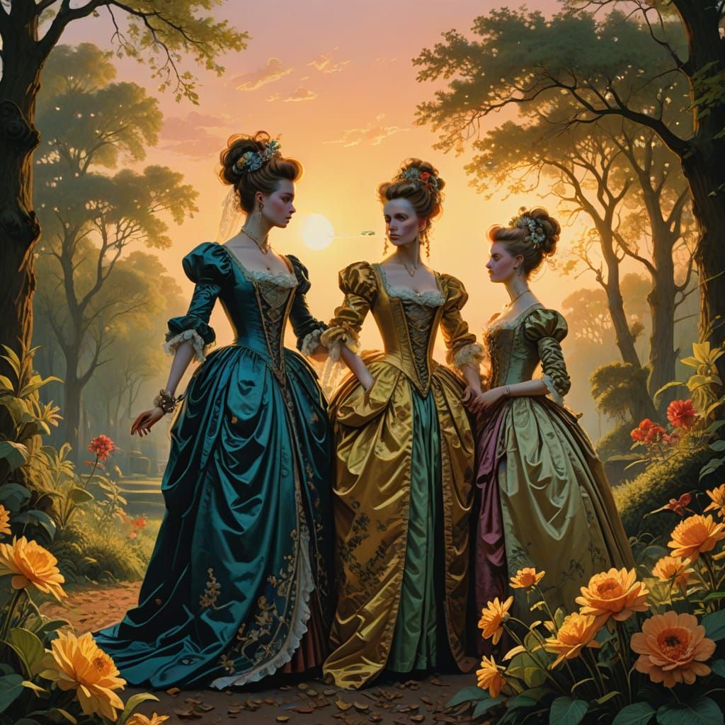 Three Graces in Elegant Rococo Attire Dance Amidst Baroque P...