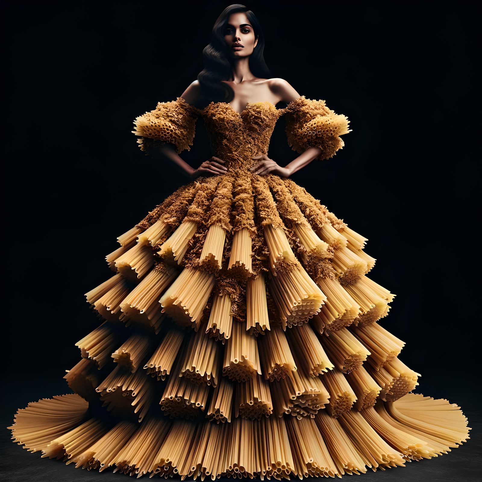 High fashion shoot, model with dress made of pasta noodles, ...