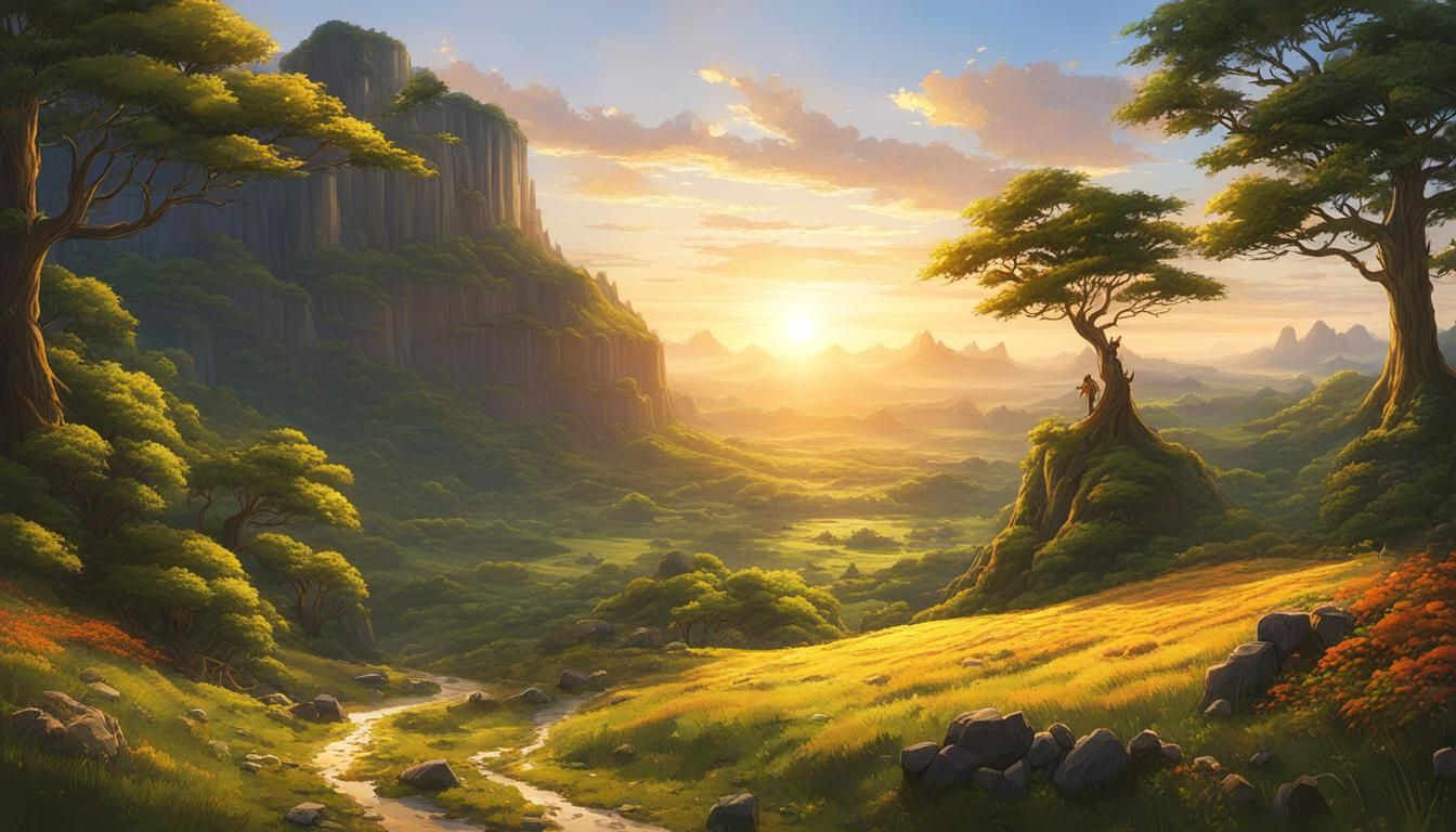 Anime Landscape of Wilderness and Wonder at Golden Hour