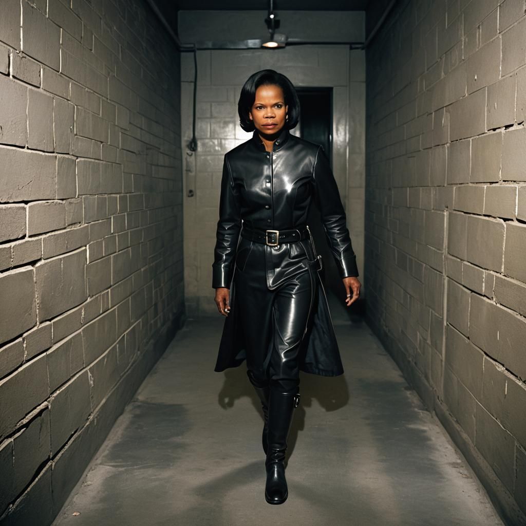 Condoleezza Rice, strict, arrogant, black german leather uniform, black leather riding boots, black leather gloves, leat...