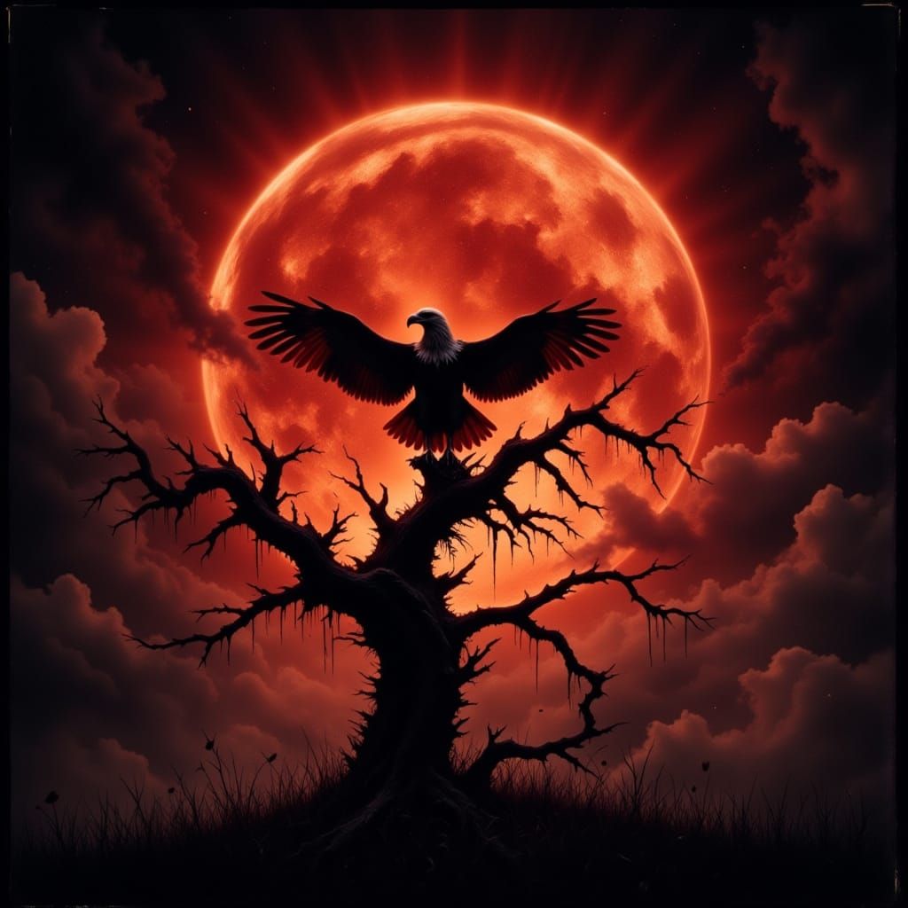 Jagged Tree Branch with Eagle Silhouetted Against Blood Moon
