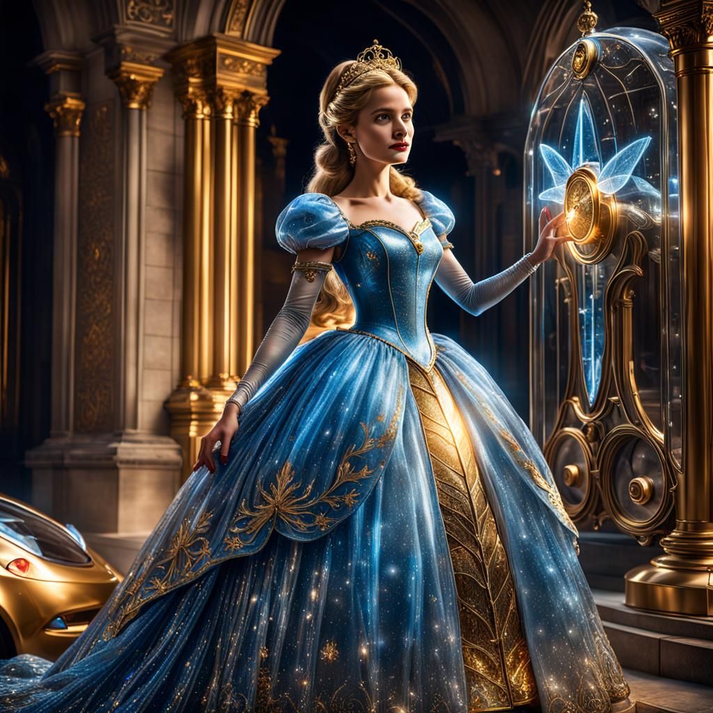 Hyperrealistic Cinderella in Glass Dress with Golden Tesla