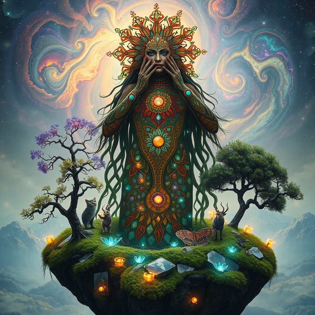 Mystical Shaman on Floating Island: Surreal Ecosystem