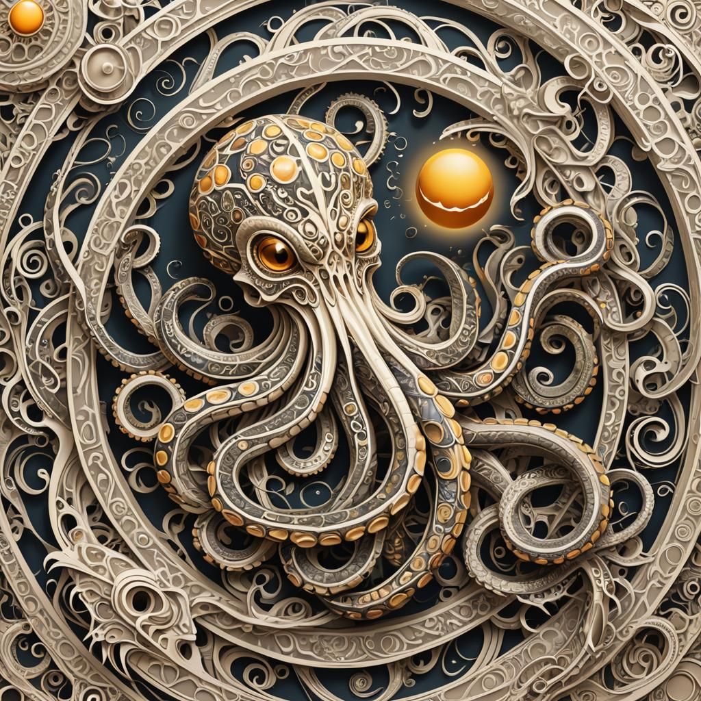 Mythical Octopus-Bird-Snake Creature with Sun, Abstract Vect...