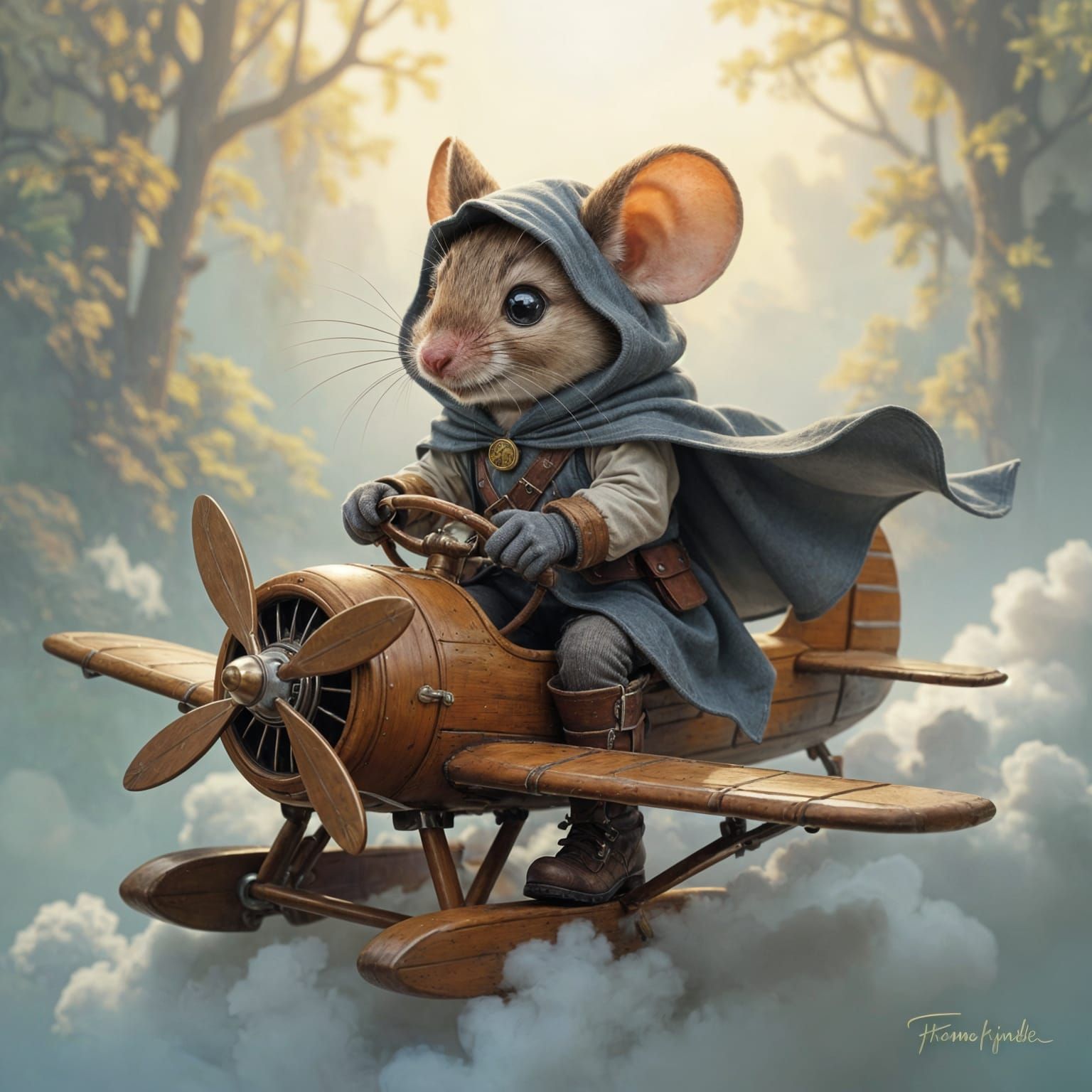 Anthropomorphic Mouse Rides Airplane in Ethereal Fantasy Sty...