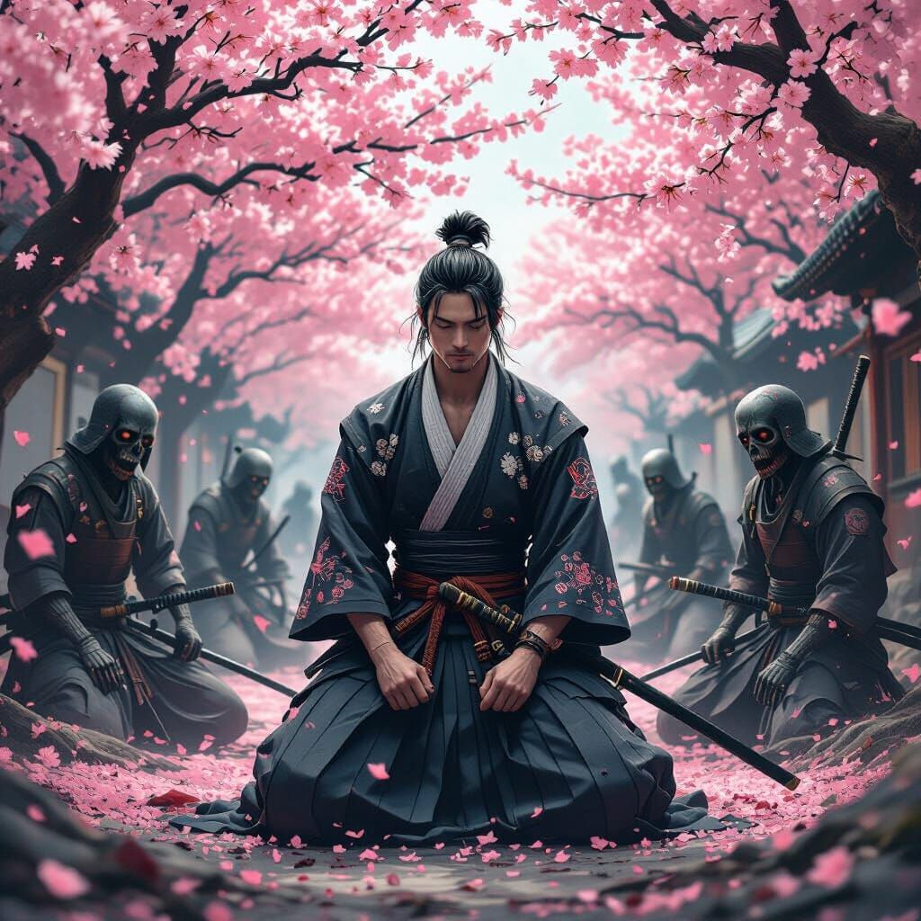 Kendo Fighter in Cherry Blossom Garden