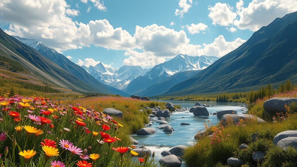 Vibrant Wildflower Meadow Under Majestic Snow-Capped Peaks