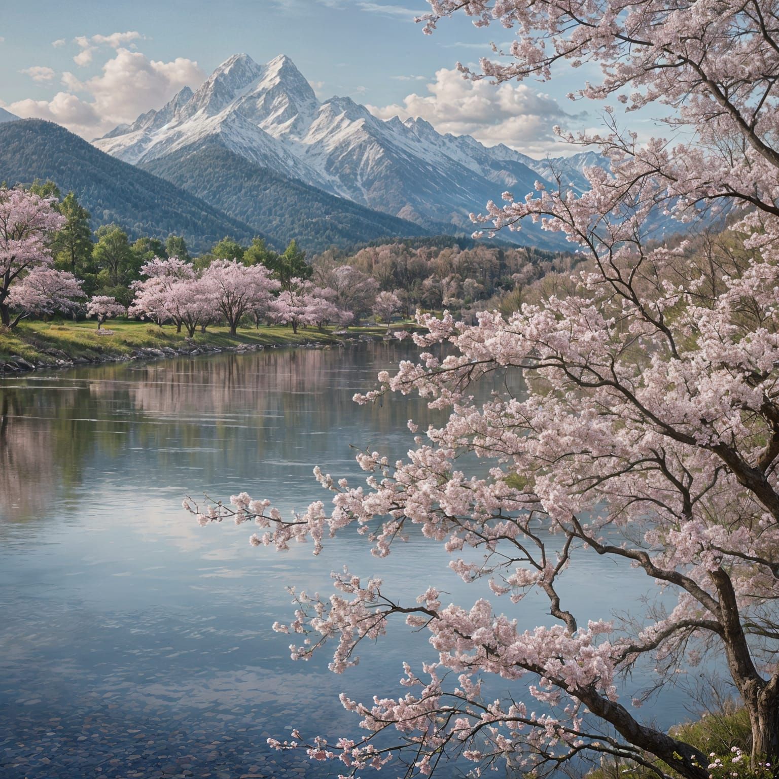 Serene Blossoming Forest Scene in Soft Pastel Hues
