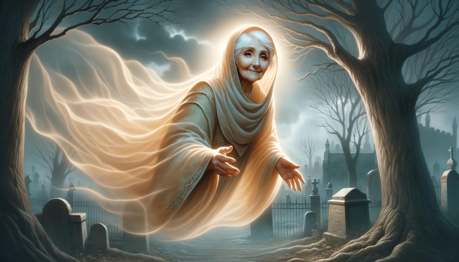 Benevolent Spirit in Cemetery: Fantasy Illustration