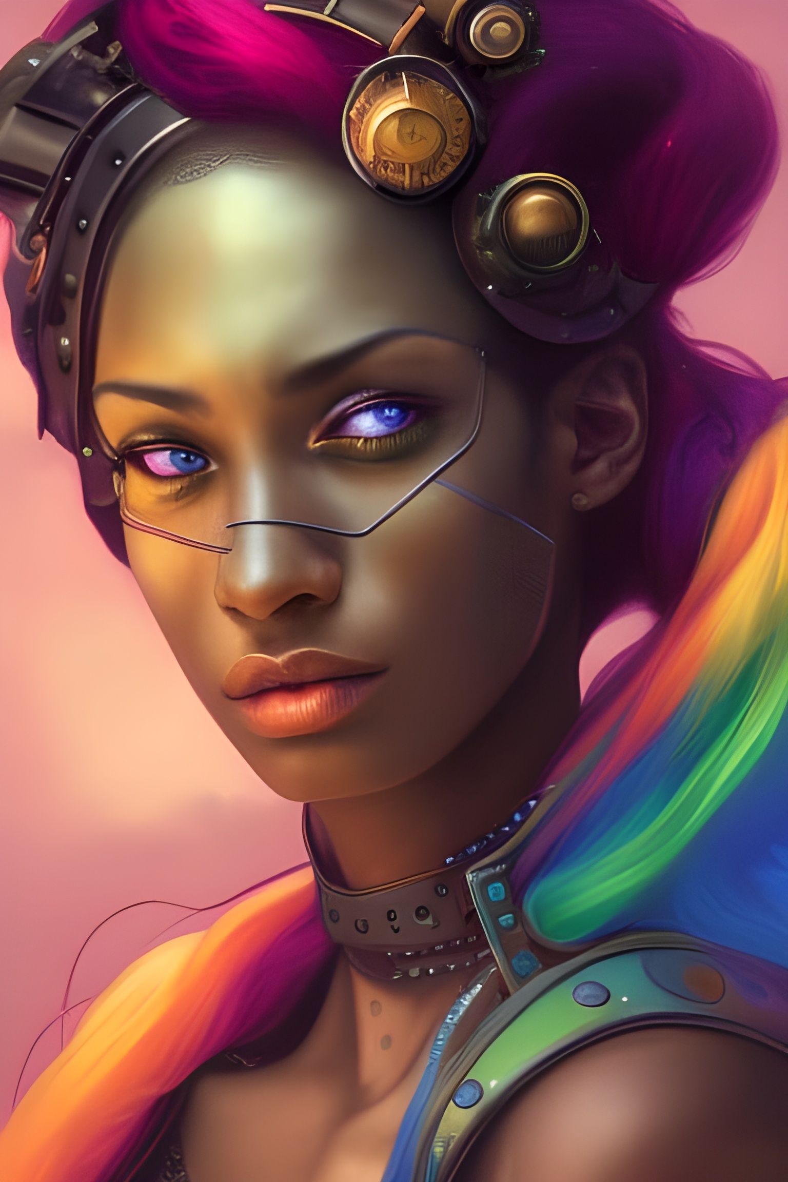 Steampunk Woman Portrait with Rainbow Hair