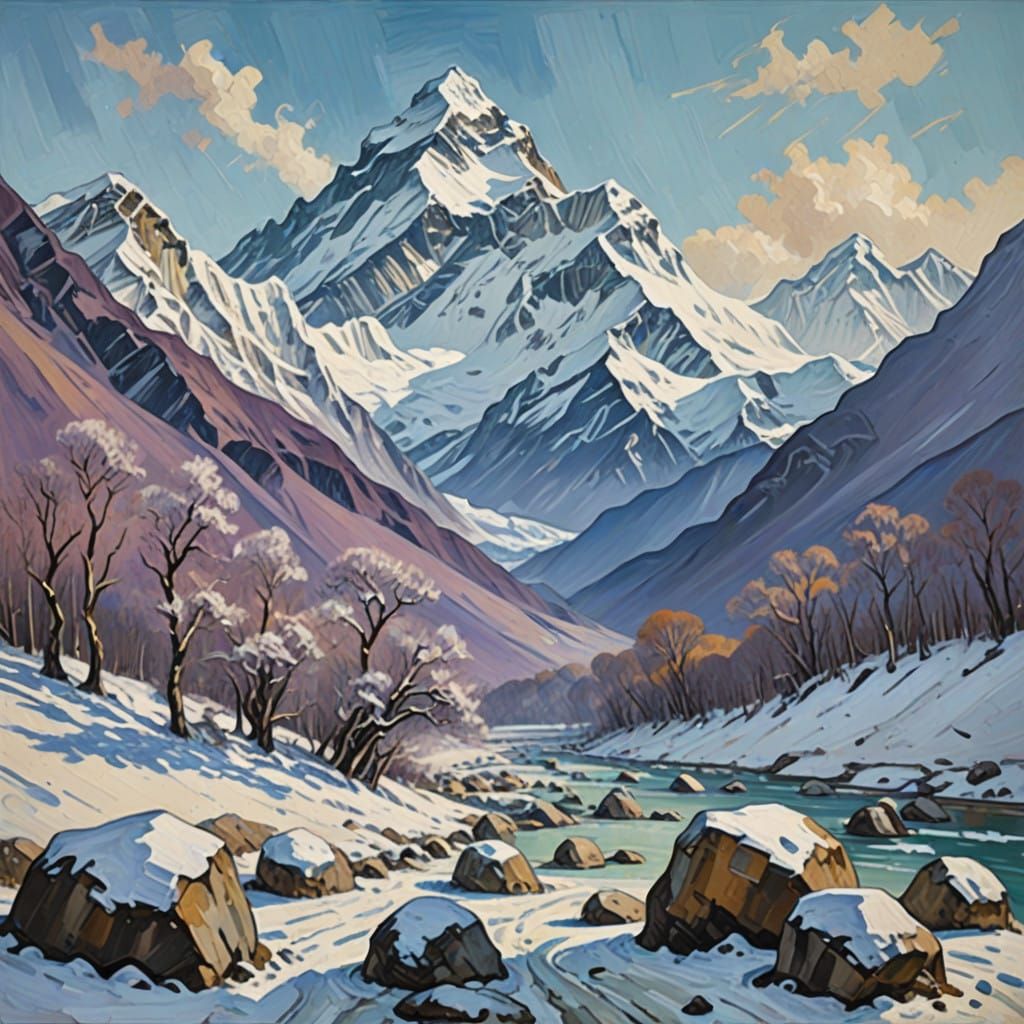 Majestic Snow-Capped Everest in Neo-Impressionist Style