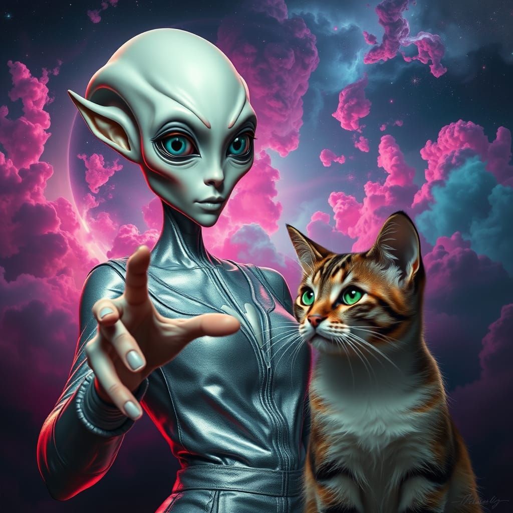 Alien Woman and Cat in Cosmic Nebula