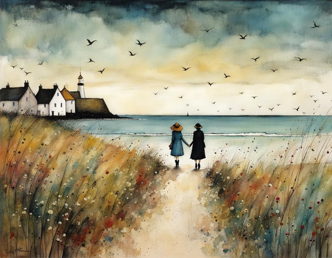 Seashore Walk in Whimsical Illustration Style