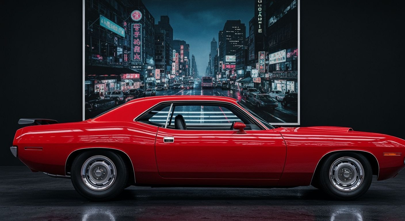Vibrant Red 1970 Plymouth 'Cuda with City Poster