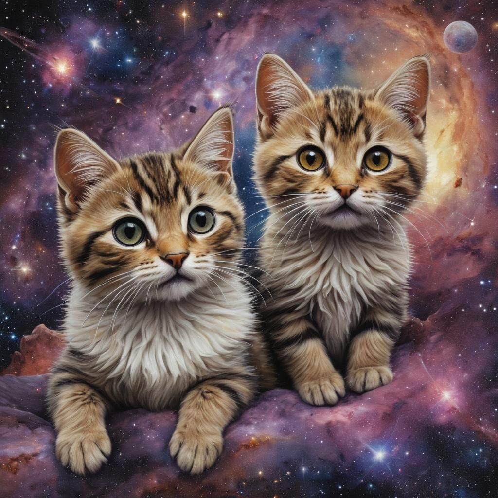 Cosmic Kittens in Mixed Media