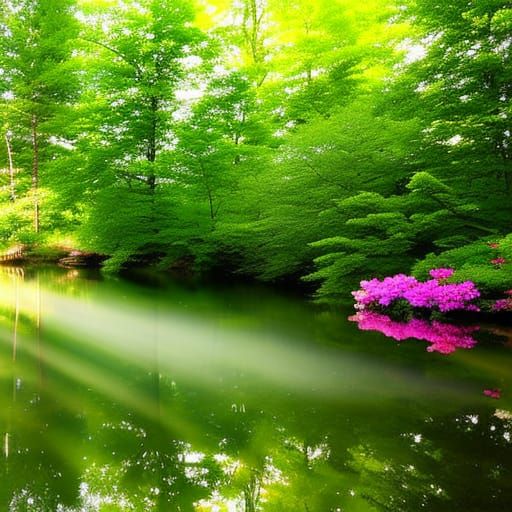 Heavenly Sunshine Pond with Flowers in Soft Focus