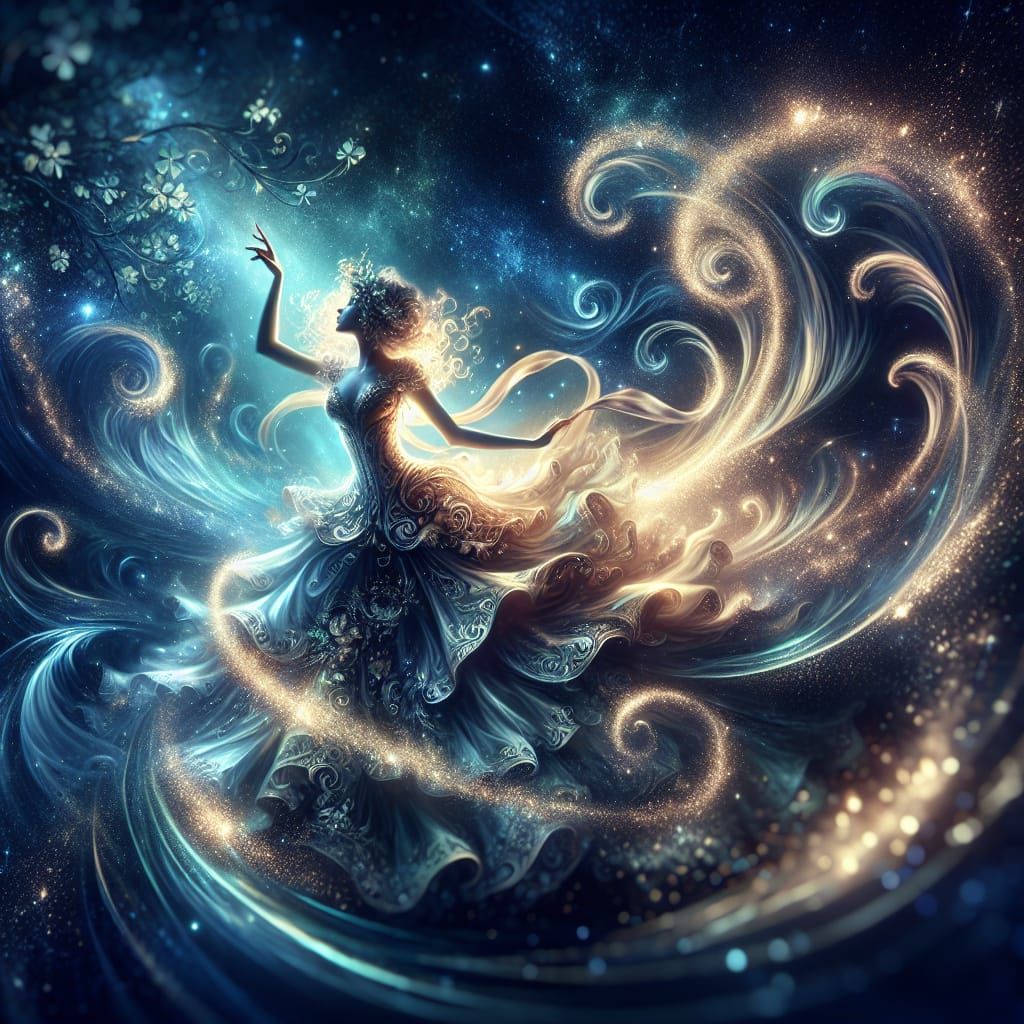 Mystical Forest Woman Dancing Under Starry Sky