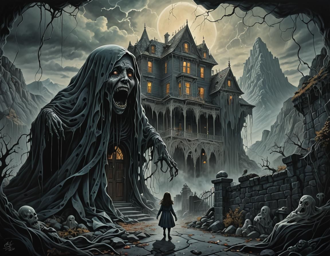 Haunted Girl Crying at Doorstep, Gothic Line Art