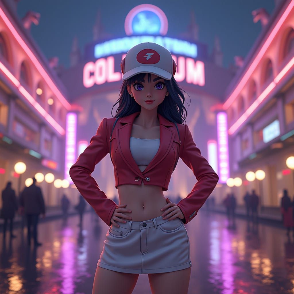 Confident Jessie Stands Tall in Front of Pokémon Coliseum