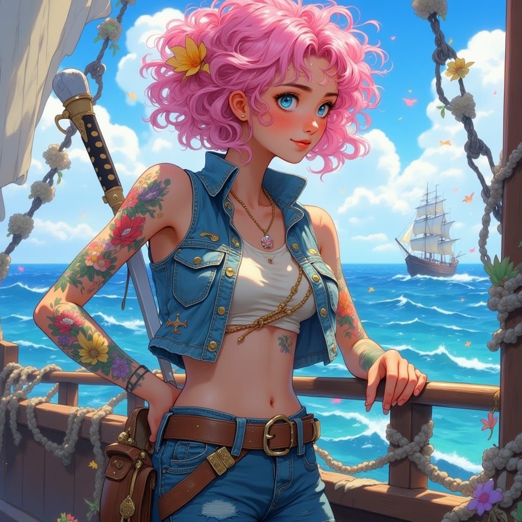 Pirate Figure on a Ship Looks Out to the Open Sea in Vibrant...