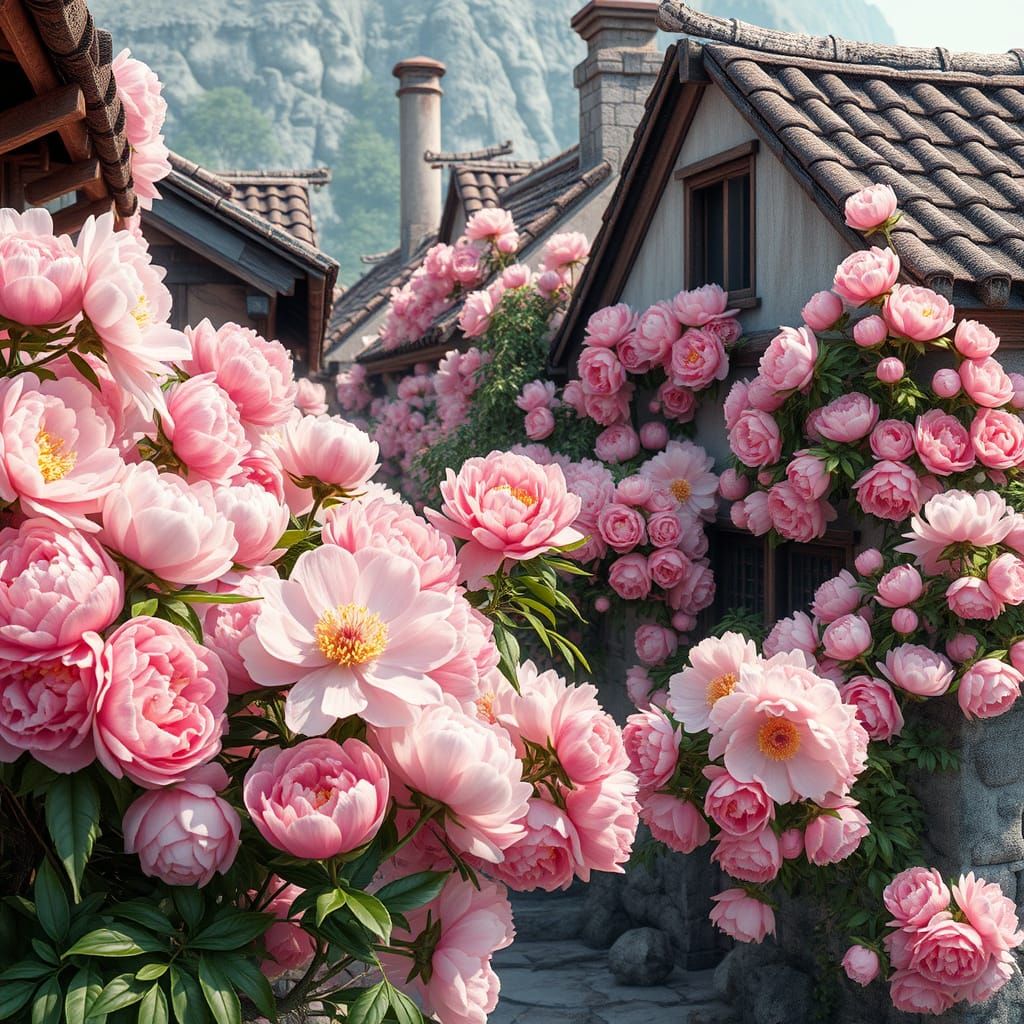 Ancient Town Overgrown with Vibrant Peonies in Anime Style
