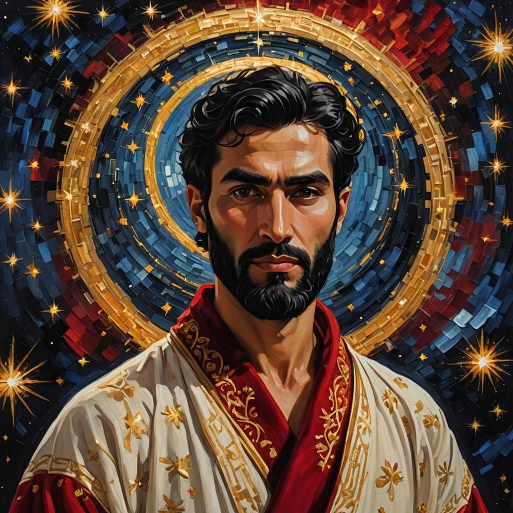 Radiant Man with Halo in Neo-Impressionist Style