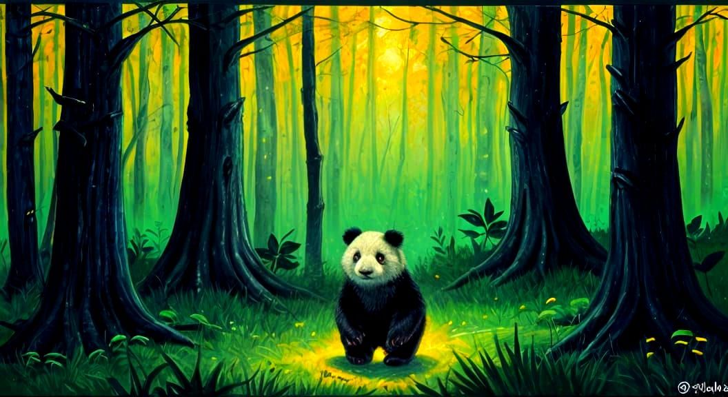 Enchanted Forest Scene with Panda Bears and Fireflies