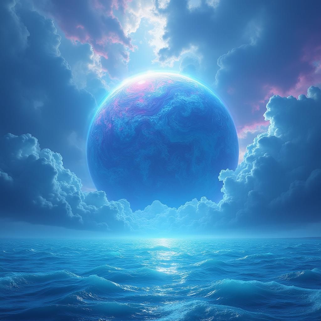 Majestic Water Planet with Iridescent Storm Clouds