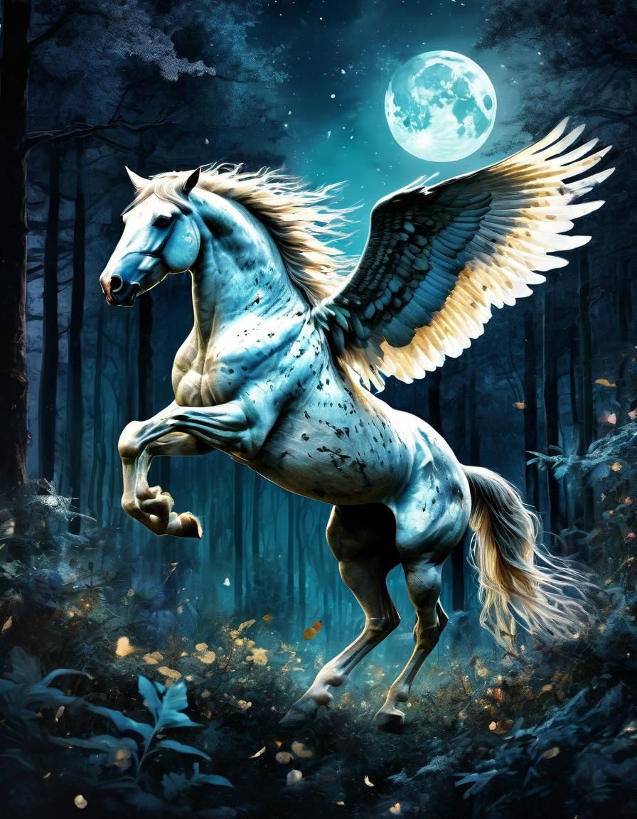 Majestic Pegasus in Mystical Forest Watercolor Illustration