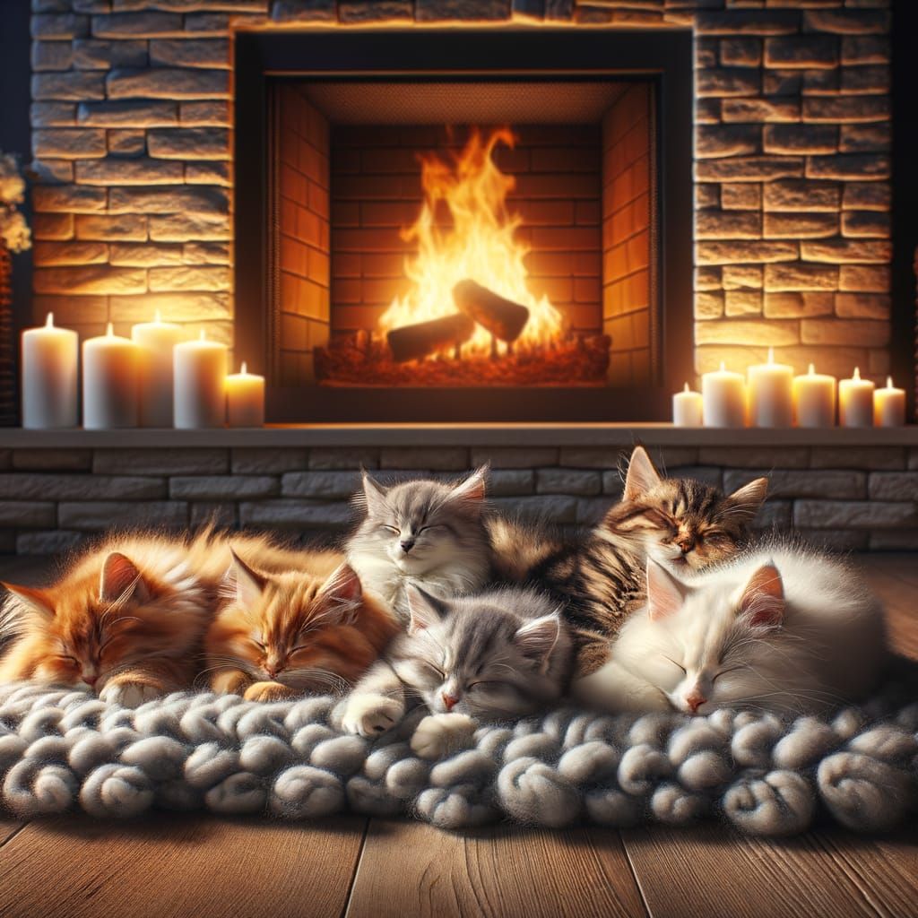 Cats Snuggle Up by Cozy Fireplace