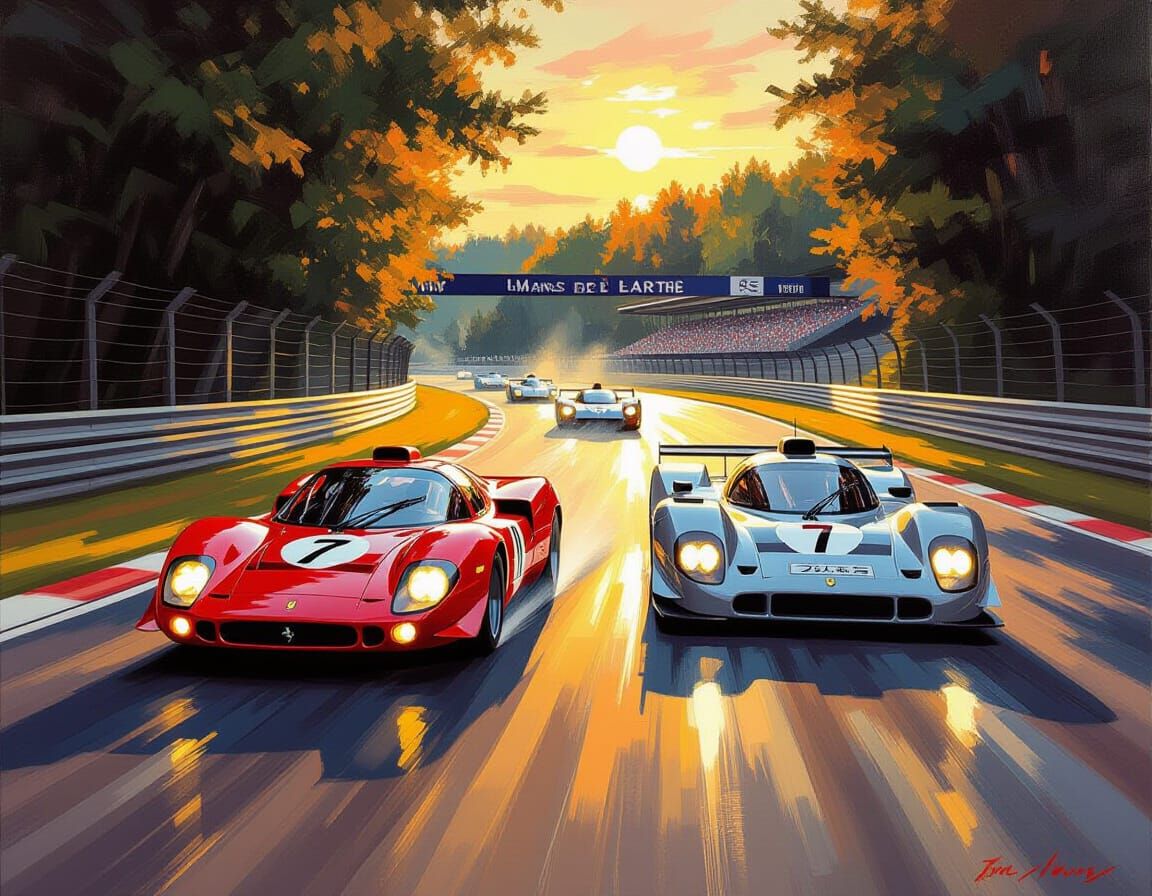 Ferrari 512S Leads Porsche 917LH, Acrylic Painting