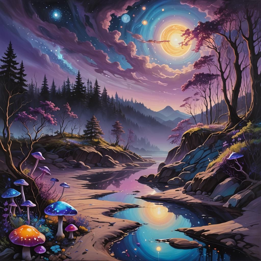 Surreal Bioluminescent Landscape in Oil Painting Style