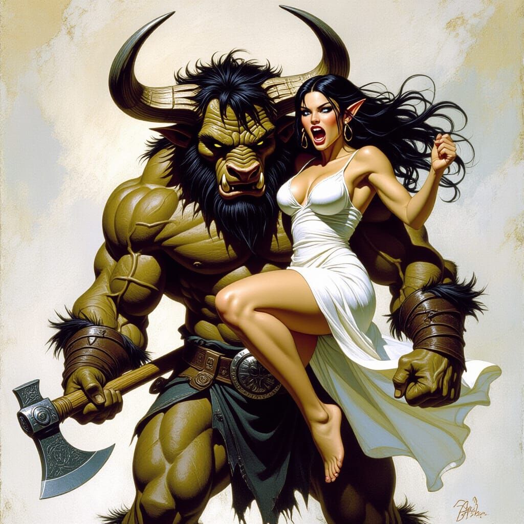 Minotaur Abducts Elf Woman With Axe