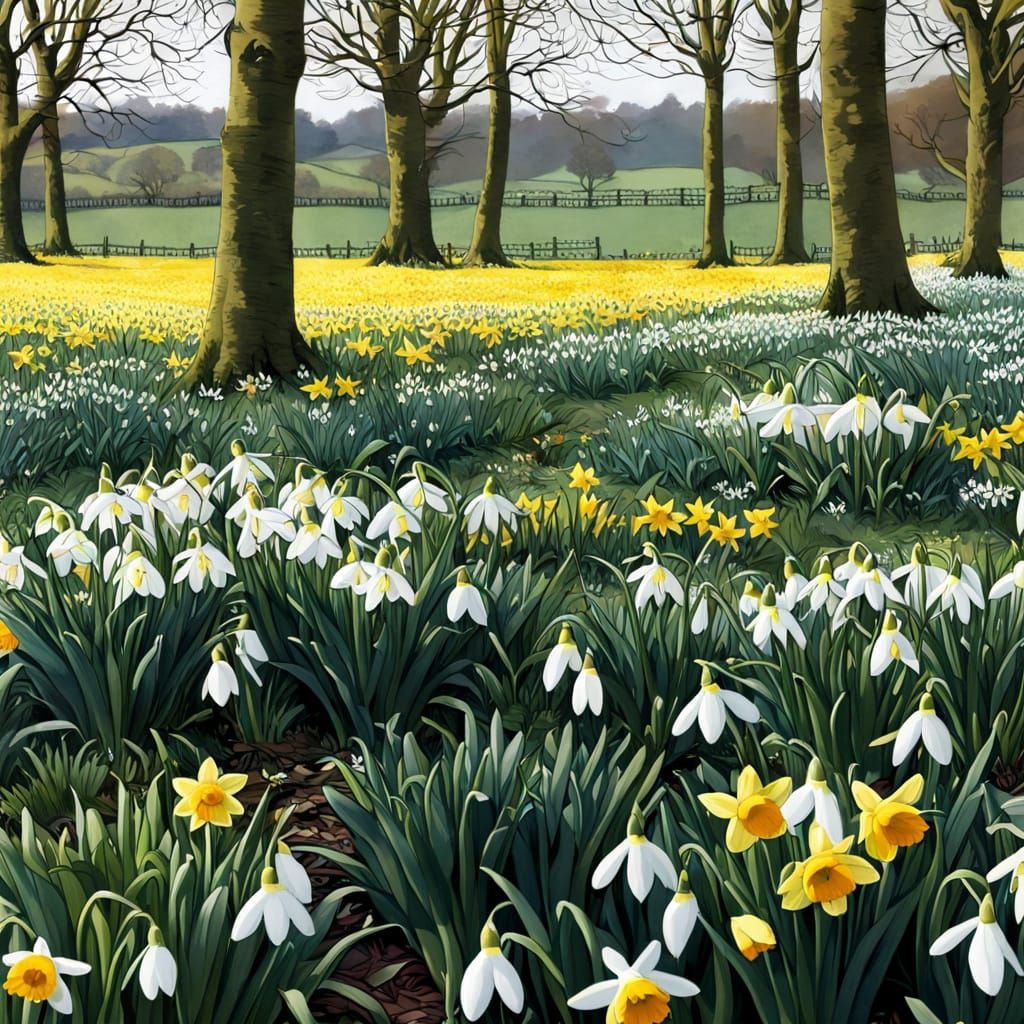 Snowdrops and daffodils in a field of lambs