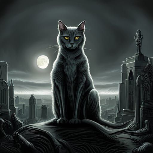 Surreal Zombie Cat Haunts Cemetery at Dusk