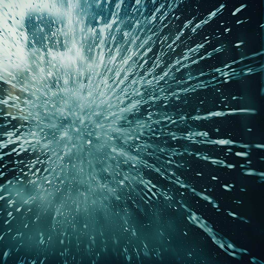 Water Explodes Through Glass Wall Cinematic Film Still
