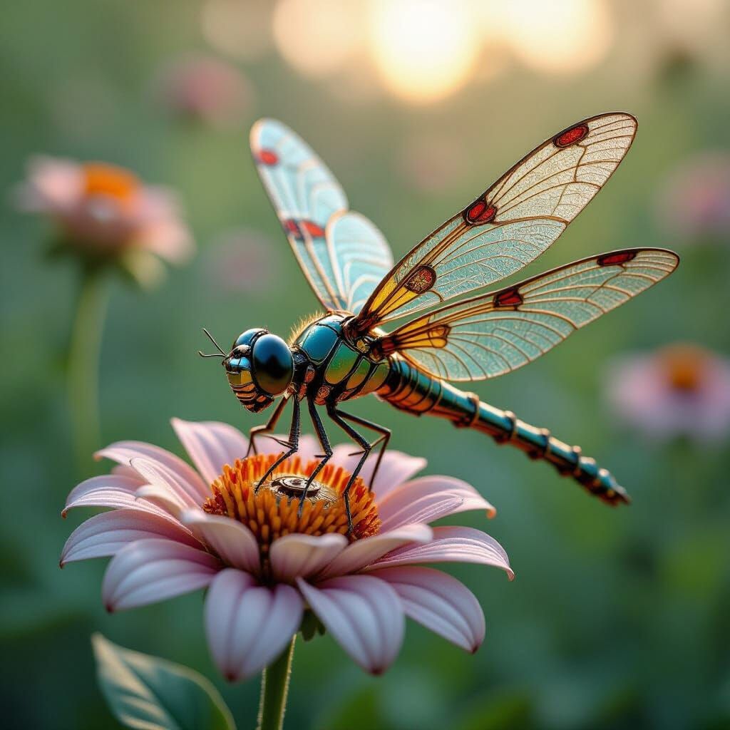 Steampunk Mechanical Dragonfly on Clockwork Flower