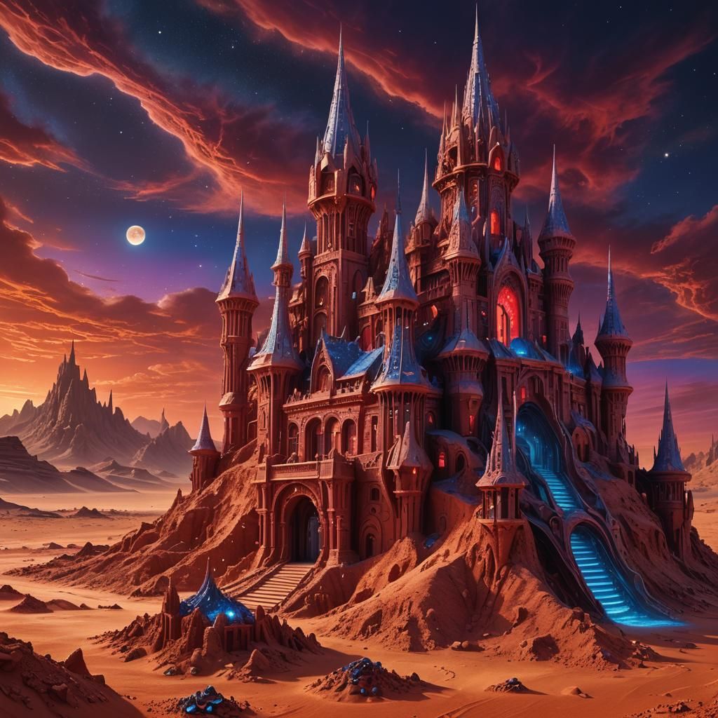 Futuristic Sand Castle on Mars, Biomechanical Art