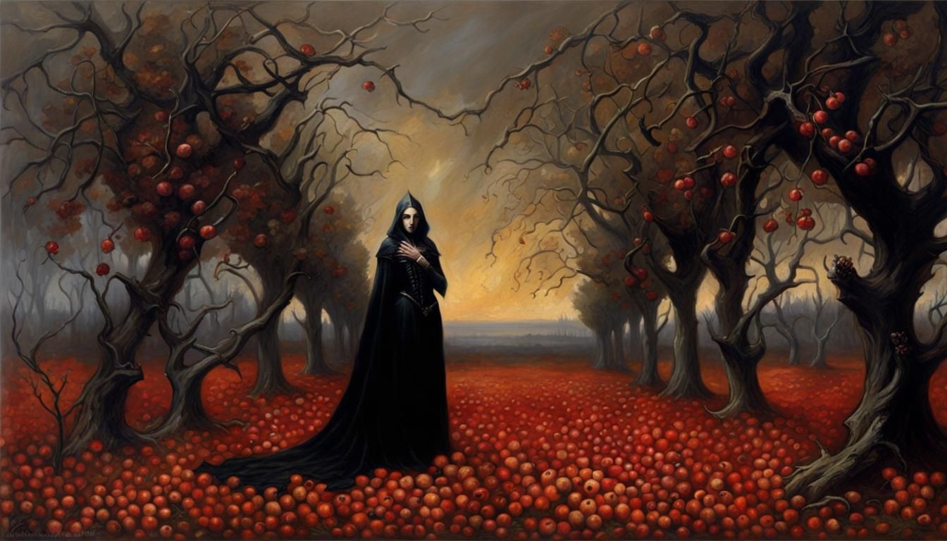 Eerie Autumn Orchard Painting in Gothic Style