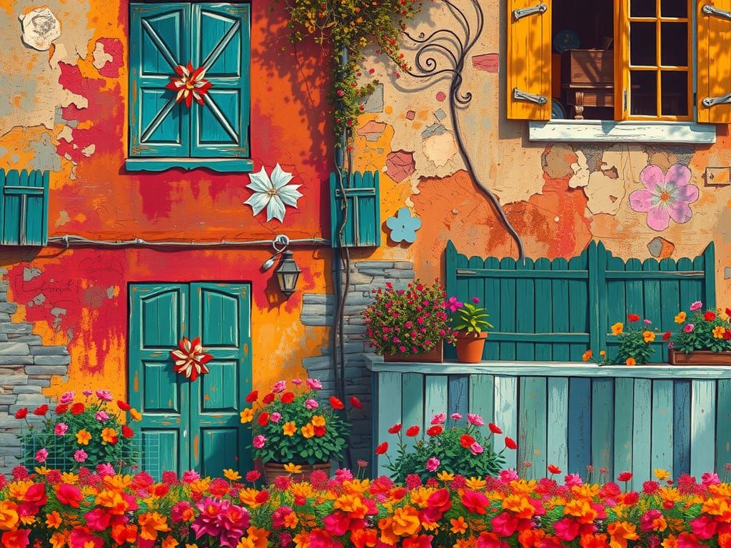 Dilapidated House in Vibrant Flower Garden: Impressionist Pa...