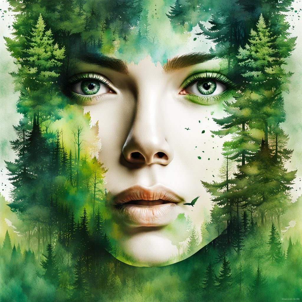 Double Exposure Face in Forest: Watercolor Splash Art
