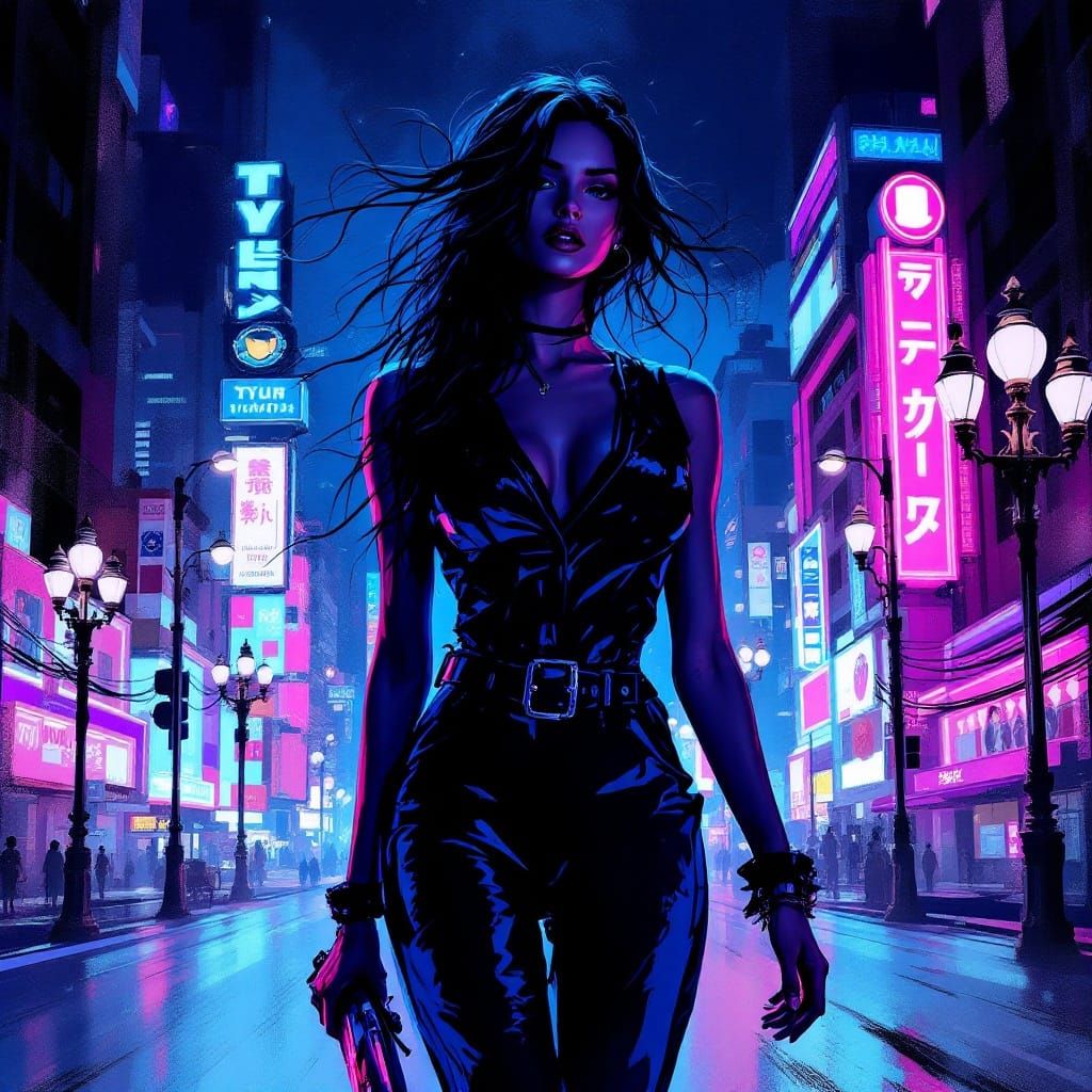 Futuristic Cityscape Woman in Abstract Jumpsuit