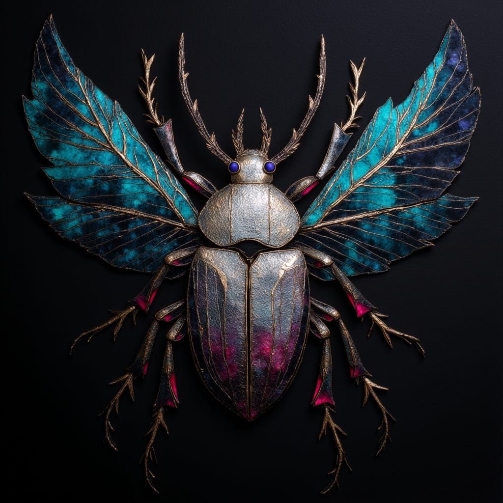 Jeweled Beetle with Platinum and Amethyst on Black Parchment